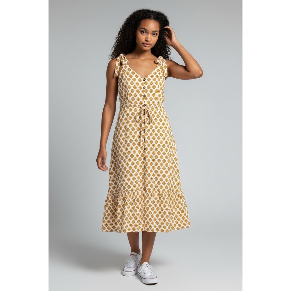 Cleobella Yellow Floral Full Button Tie Shoulder Strap Cinch Waist Midi Dress -S